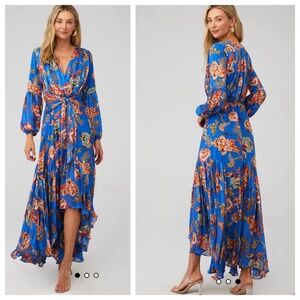 ELLIATT Balance Women’s L Blue/Orange High-Low Midi Dress Floral Long Sleeve